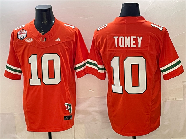 Men's Miami Hurricanes #10 Malachi Toney Orange F.U.S.E. Fiesta Bowl Champions & Florida Patch Stitched Football Jersey
