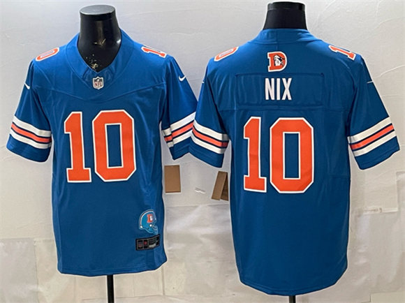 Men's Denver Broncos #10 Bo Nix Blue F.U.S.E. With Patch Throwback Vapor Limited Football Stitched Jersey