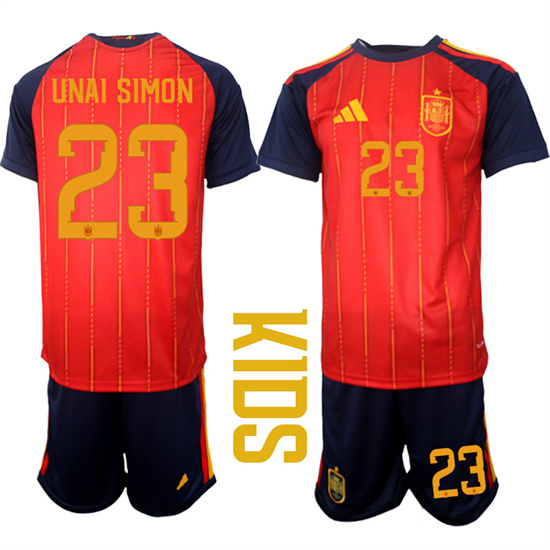 Youth Spain #23 UNAI SIMON National Team FIFA x World Cup 2026 Home Red On Field Kids Jerseys