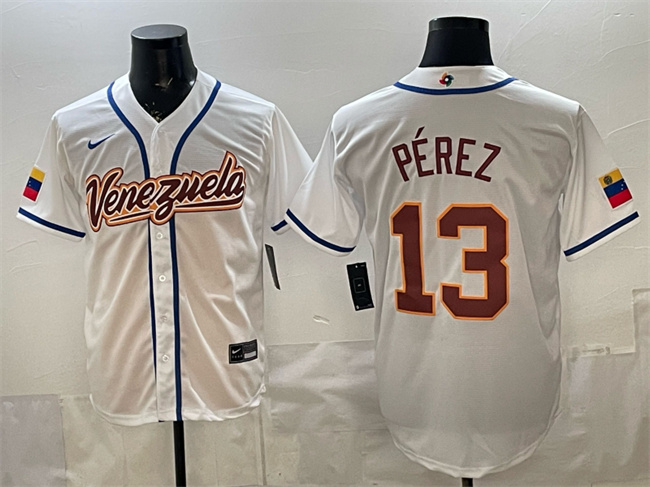 Men's Venezuela Baseball #13 Salvador Pérez White 2026 World Baseball Classic Home Stadium Stitched Jersey