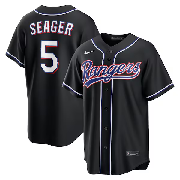Men Texas Rangers #5 Corey Seager Fashion Replica Black Out Jersey