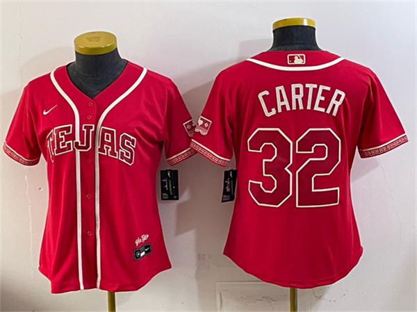 Women's Texas Rangers #32 Evan Carter Red 2026 City Connect Stadium Stitched Baseball Jersey(Run Small)