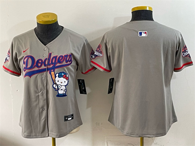 Women's Los Angeles Dodgers Blank Grey Hello Kitty Night 2025 World Series Champions Patch Stitched Baseball Jersey(Run Small)
