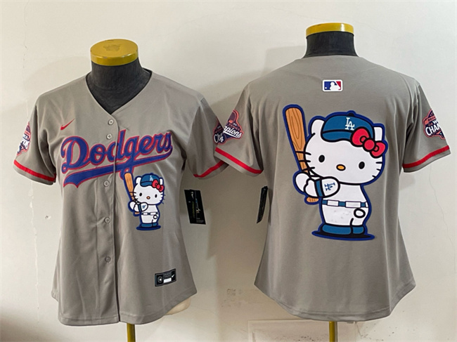 Women's Los Angeles Dodgers Team Big Logo Grey Hello Kitty Night 2025 World Series Champions Patch Stitched Baseball Jersey(Run Small)