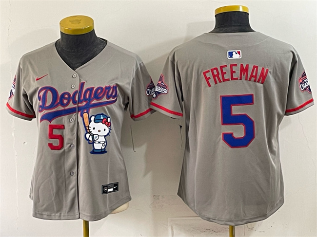 Women's Los Angeles Dodgers #5 Freddie Freeman Grey Hello Kitty Night 2025 World Series Champions Patch Stitched Baseball Jersey(Run Small)