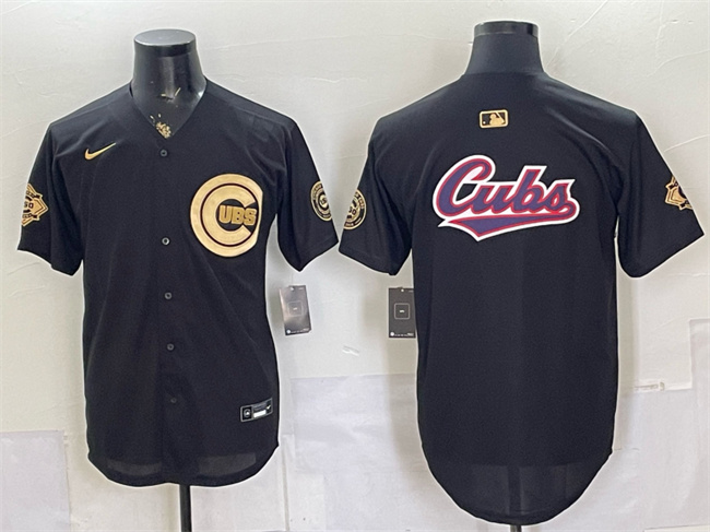 Men's Chicago Cubs Team Big Logo Black Gold 150th Anniversary Patch Stitched Baseball Jersey