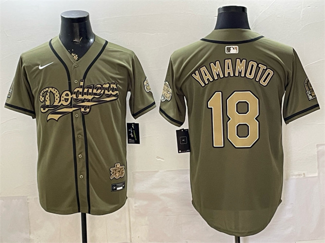 Mens Los Angeles Dodgers #18 Yoshinobu Yamamoto Olive 2026 Armed Forces Day Stitched Baseball Jersey