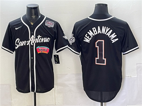 Men's San Antonio Spurs #1 Victor Wembanyama Black USA 250' Patch Stitched Baseball Jersey