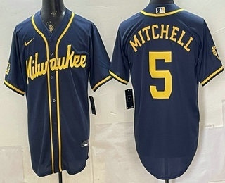 Men's Milwaukee Brewers #5 Garrett Mitchell Navy Blue Stitched Cool Base Jersey