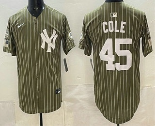 Men's New York Yankees #45 Gerrit Cole Olive Pinstripe 2026 Armed Forces Day Salute To Service Jersey