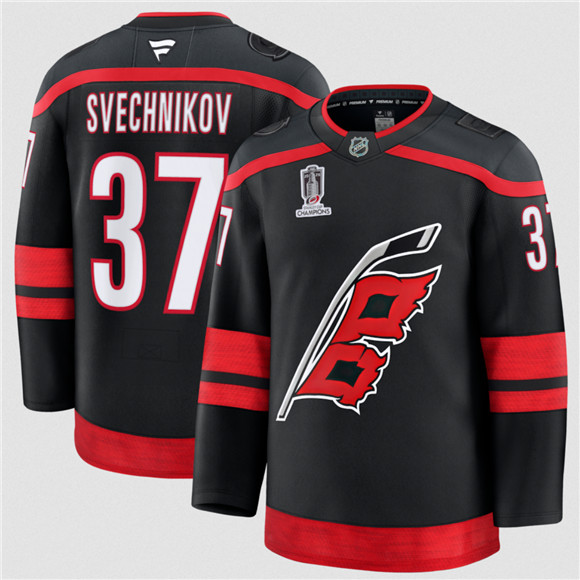 Men's Carolina Hurricanes #37 Andrei Svechnikov Black 2026 Stanley Cup Champions Home Stitched Jersey
