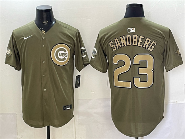 Men's Chicago Cubs #23 Ryne Sandberg Olive 2026 Armed Forces Day Stitched Baseball Jersey