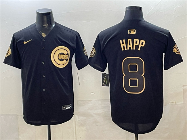 Men's Chicago Cubs #8 lan Happ Black Gold 150th Anniversary Patch Stitched Baseball Jersey
