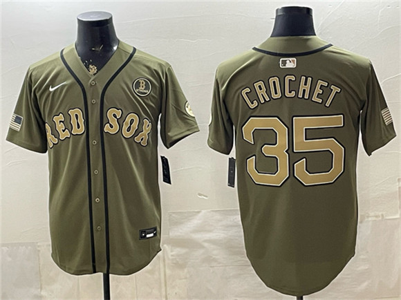 Men's Boston Red Sox #35 Garrett Crochet Olive Armed Forces Day Cool Base Stitched Baseball Jersey