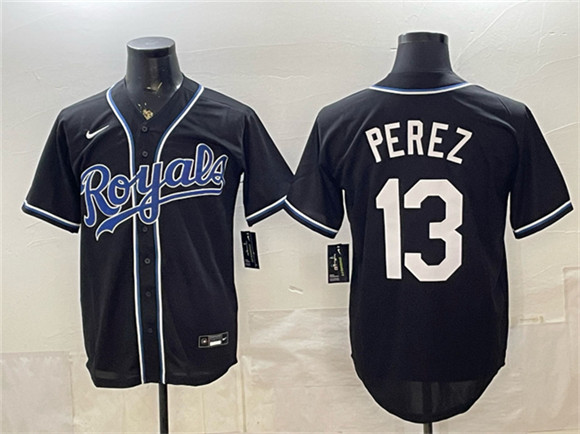 Men's Kansas City Royals #13 Salvador Perez Black 2026 Fashion Replica Black Out Stitched Baseball Jersey