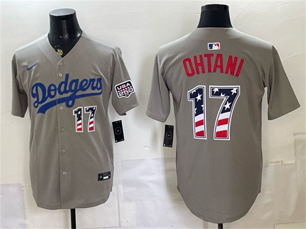 Men's Los Angeles Dodgers #17 Shohei Ohtani Gray 250 Fourth of July Road Stitched Baseball Jersey